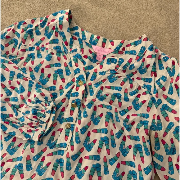 LILLY PULITZER-KISSY KISS LIPSTICK PRINT TUNIC BLOUSE SIZE XS - Picture 2 of 8